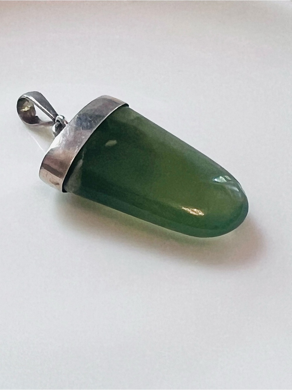 Vintage Green Nephrite Jade Teardrop Pendant with Sterling Silver Cap Bezel